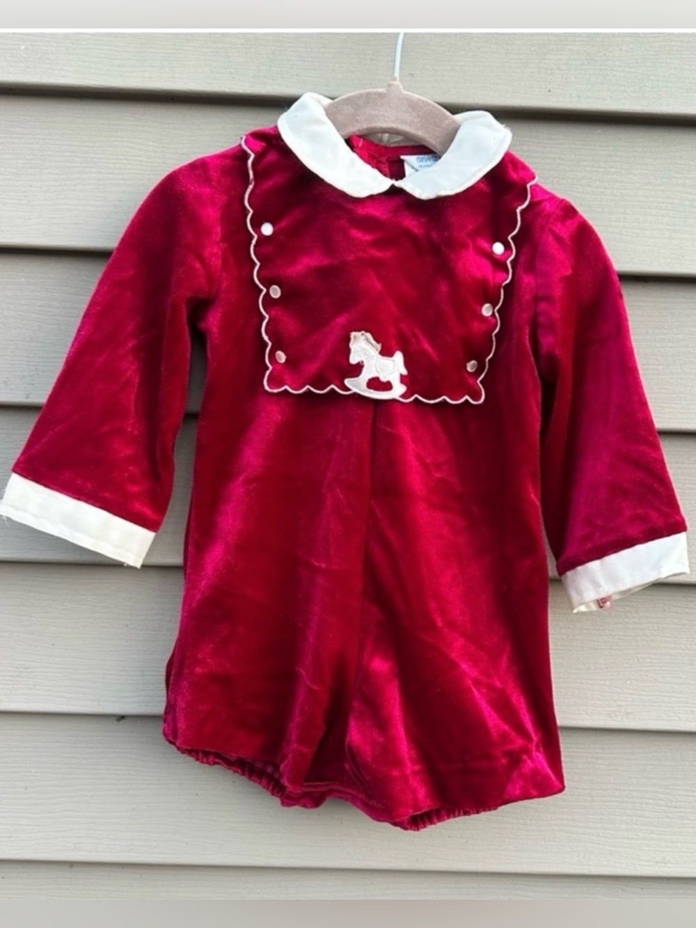Vintage Red Velvet Baby Heirloom Christmas outfit With Rocking Horse